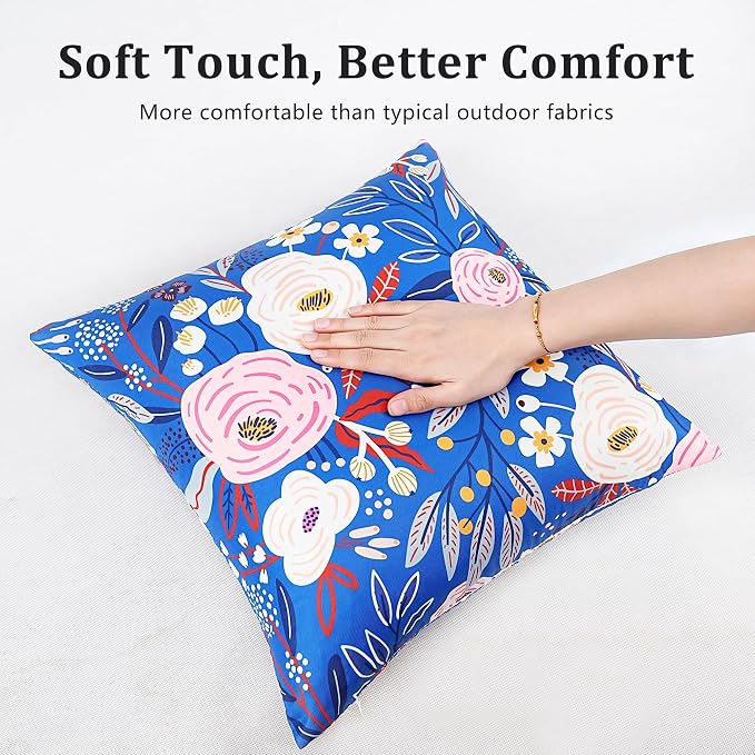 Pyonic Blue Waterproof Outdoor Pillow Covers 18x18 Set of 2, Colorful Floral Decorative Cushion Covers for Patio Furniture, Garden, Balcony,Sunbrella，Boho Nordic Outdoor Indoor Home Decor