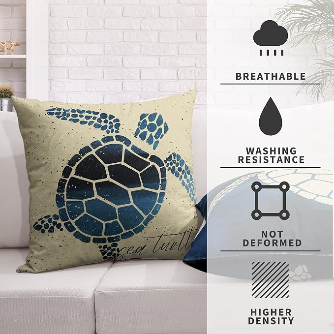 Coastal Beach Style Pillow Covers 24x24 Set of 2 Nautical Sea Turtle Throw Pillow Covers Ocean Linen Outdoor Pillow Case for Patio Living Room Car Blue
