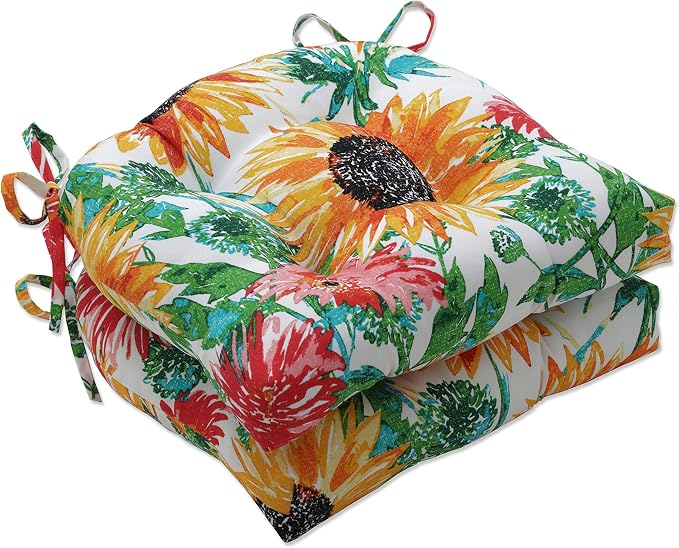 Pillow Perfect Bright Floral Indoor/Outdoor Tufted Wicker Seat Cushion With Ties, 2 Count, 15.5" x 16", Yellow/Green Sunflowers