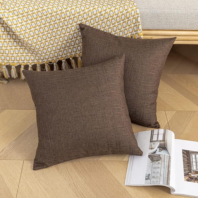 Kevin Textile Outdoor Waterproof 16”x16” Pillow Covers 2 Pack, Brown | Water Resistant, Soft Faux Linen-cotton Yarn-dyed Woven Texture Throw Pillow Covers for Tent Patio Garden Couch Sofa