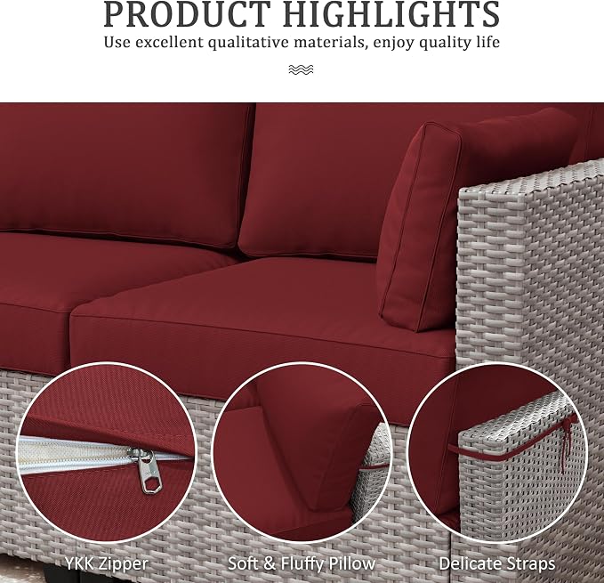 Outdoor Furniture Replacement Cushions, Waterproof Patio Furniture Cushions, 4" Deep Seat Outdoor Sectional Cushion for 3-Seat Outdoors Rattan Sofa Patio Sofa Cushion, Burgundy