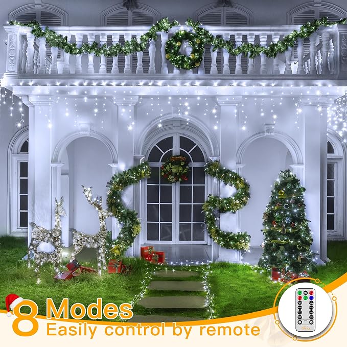 Ollny Icicle Lights for Outside 1000LED 82FT, Cool White Christmas Light with Remote 8Modes Timers Waterproof Dimmable, Plug in Hanging Lights for Outdoor Indoor House Roof Holiday