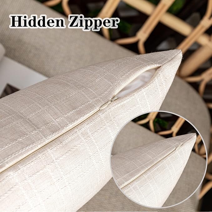 Kevin Textile Outdoor Waterproof 14”x24” Lumbar Pillow Covers 2 Pack, Beige | Water Resistant, Soft Faux Linen-cotton Yarn-dyed Woven Texture Throw Pillow Covers for Tent Patio Garden Couch Sofa