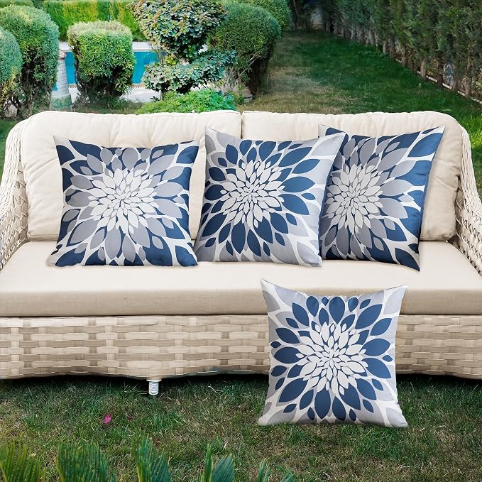 Pack of 4 Outdoor Waterproof Pillow Covers 18x18 Decorative Outdoor Throw Pillows Garden Square Cases for Patio Furniture, Couch, Tent Sunbrella, Bench, Blue Grey