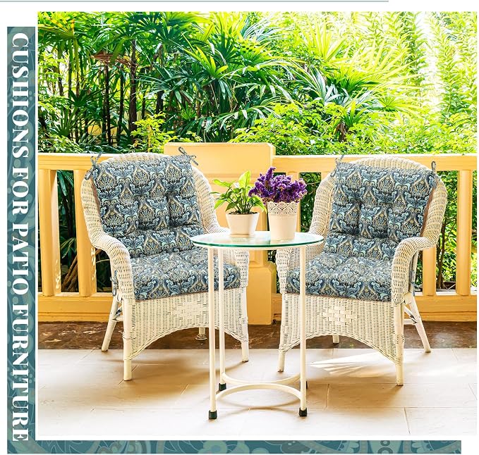 Marsui 4 Pcs Outdoor Indoor High Back Chair Cushions Patio Furniture Tufted Pillow with Ties Water-Resistant Replacement Outdoor Rocking Chair Cushions, 42 x 21 Inches (Blue,Paisley)