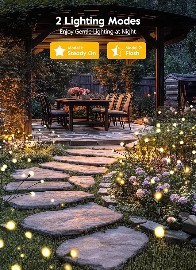 Brightown 4 Pack Solar Garden Lights, 48 LED, Warm White | Firefly Lights, 2 Lighting Modes, Wind Sway, IP65 Waterproof, For Garden Yard Pathway