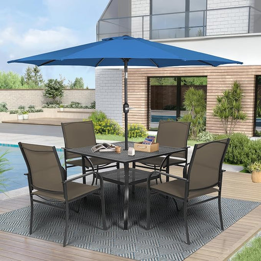 Crownland 5 Piece Patio Dining Set, Outdoor Textilene Dining Sets, 4 Textilene Metal Chairs and Square Outdoor Dining Table with Dark Blue 9FT Round Outdoor Umbrella (Brown)