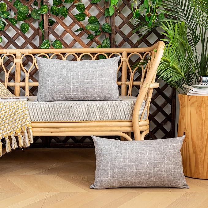 Kevin Textile Outdoor Waterproof 12”x20” Lumbar Pillow Covers 2 Pack, Grey | Water Resistant, Soft Faux Linen-cotton Yarn-dyed Woven Texture Throw Pillow Covers for Tent Patio Garden Couch Sofa
