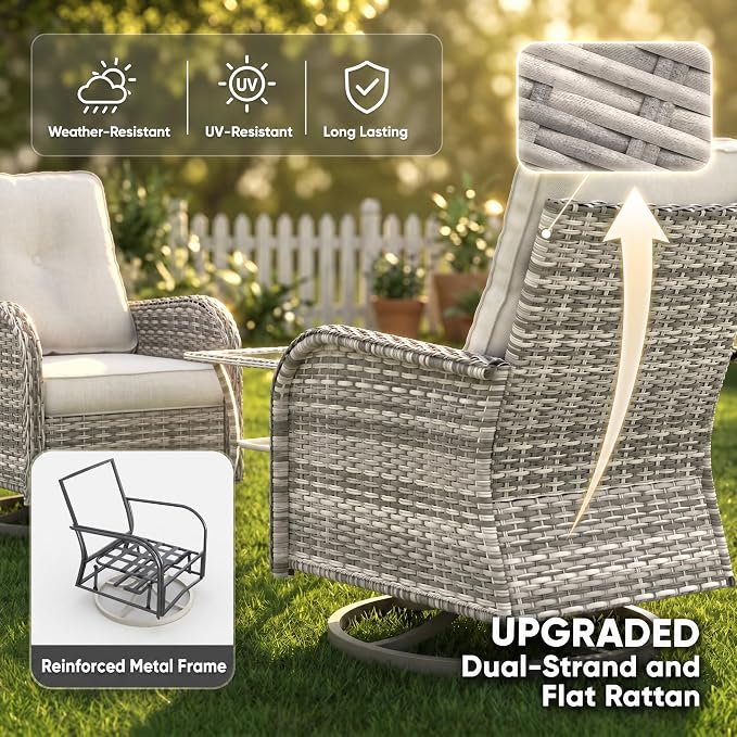 9-Piece Small Patio Furniture Set, Outdoor Swivel Rocking Chairs Set with 55,000 BTU Fire Pit Table Wicker Chairs and Ottomans, Patio Bistro Set for Balcony, Deck, Porch, Ivory