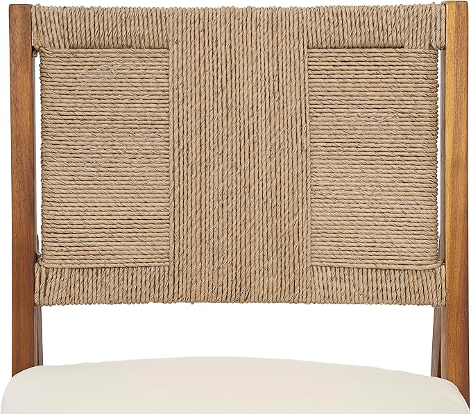 Merax Outdoor Farmhouse Acacia Wood Dining Set of 5, Patio 31.5" Square Dining Table, 4 Wicker Back Dining Chairs with Cushions for Deck, Yard, Porch, Weather Resistant, Easy Assembly, Cream+Teak