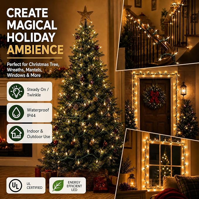 Warm White Christmas Lights, 2 Pack Total 40FT 200 Count Incandescent Christmas Mini Tree String Lights, Waterproof Christmas Decorations for Outdoor Indoor Xmas Patio Home Party Garden Yard Decor