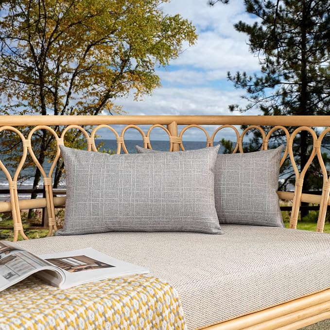 Kevin Textile Outdoor Waterproof 12”x24” Lumbar Pillow Covers 2 Pack, Grey | Water Resistant, Soft Faux Linen-cotton Yarn-dyed Woven Texture Throw Pillow Covers for Tent Patio Garden Couch Sofa