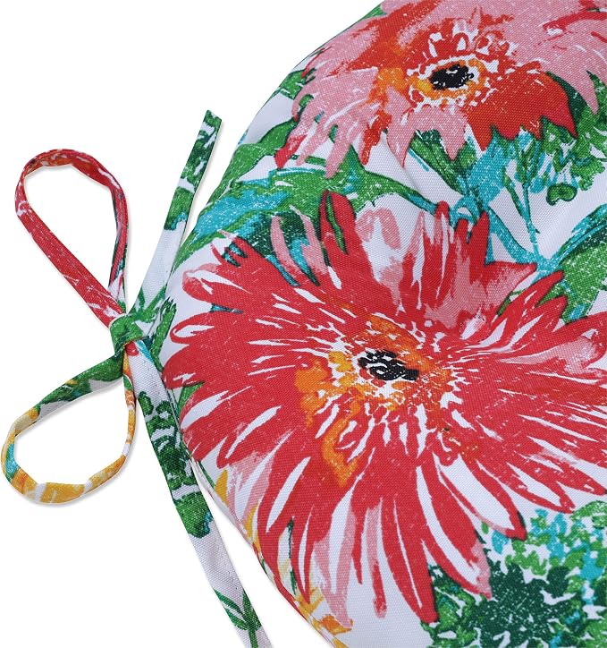 Pillow Perfect Bright Floral Indoor/Outdoor Tufted Wicker Seat Cushion With Ties, 2 Count, 15.5" x 16", Yellow/Green Sunflowers