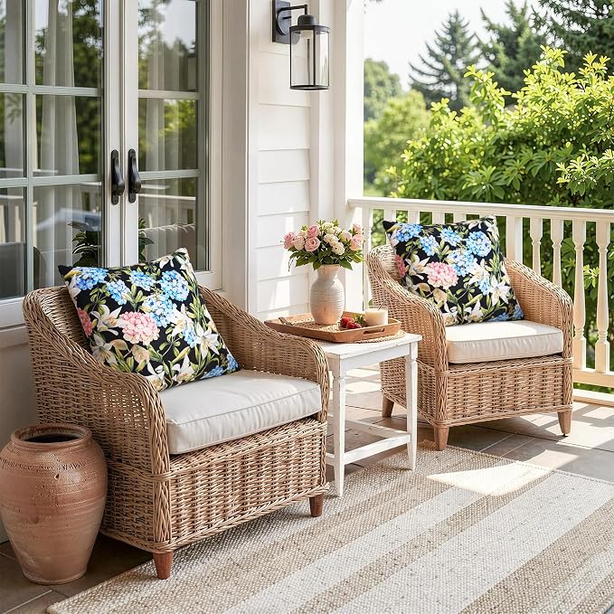 Merrycolor Pack of 2 Outdoor Waterproof Throw Pillow Covers 18x18 Summer Blue Pink Hydrangea Floral Decorative Square Pillowcase Outdoor Pillow Covers for Patio Furniture Garden