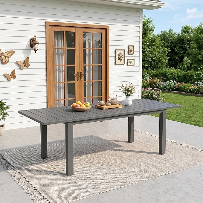 RoyalCraft Expandable Aluminum Outdoor Dining Table, 2-Adjustable Lengths Patio Dining Table for 6-10 Person, 91.33" L x 39.37" W Metal Patio Table with Adjustable Feet for Deck Garden Porch, Grey