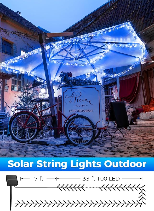 Minetom Solar Christmas Lights Outdoor Waterproof, 40FT 100 LED Solar Light | Solar Christmas Outdoor Decoration with 8 Modes, Solar String Lights for Outside House Tree Yard Garden, Blue & Pure White