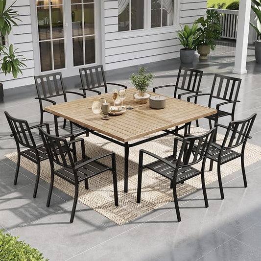 Sophia & William Patio Table and Chairs Set, Outdoor Dining Set for 8, 9 Piece Metal Patio Furniture, 57.5" Square Table with Wood-Like Tabletop(Stripe)