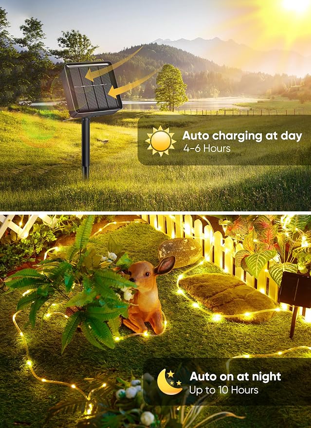 Brightown 39FT 100LED Solar Rope Lights Outdoor Waterproof, Warm White | IP65 Solar Powered Fairy Lights with 8 Lighting Modes, Outdoor String Lights for Party Garden Yard Holiday Tree Decoration