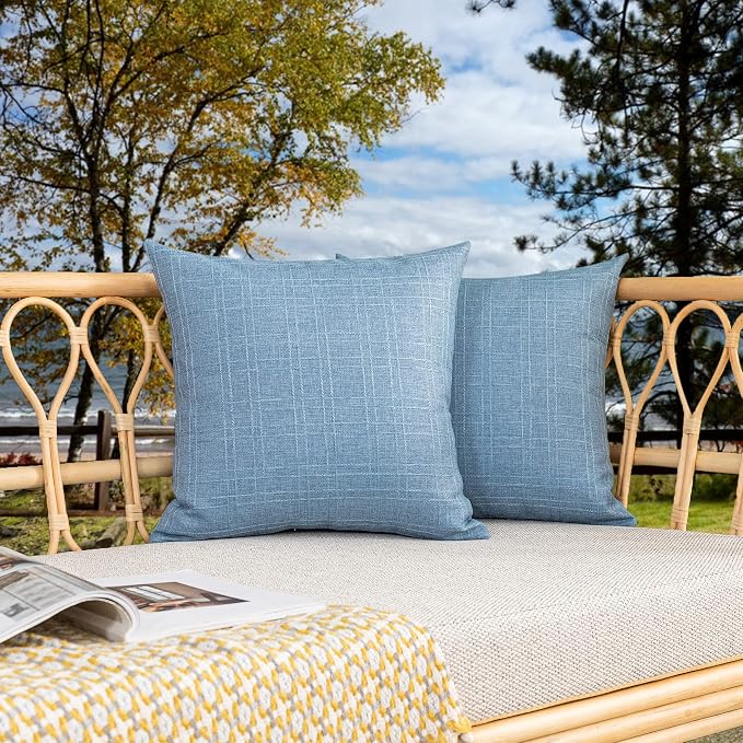 Kevin Textile Outdoor Waterproof 26”x26” Pillow Covers 2 Pack, Light Blue | Water Resistant, Soft Faux Linen-cotton Yarn-dyed Woven Texture Throw Pillow Covers for Tent Patio Garden Couch Sofa