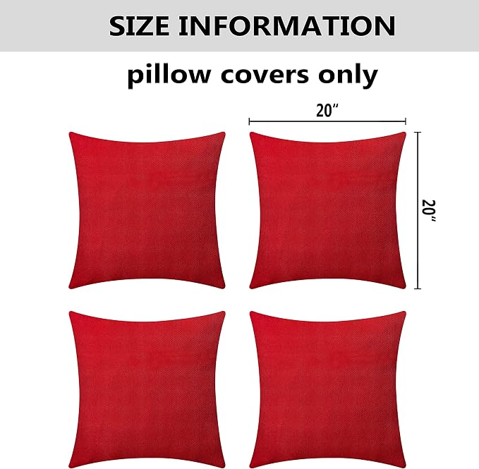 Home Brilliant Outdoor Pillow Covers 20x20 Set of 4, Red Outdoor Throw Pillows for Couch Decorations Patio Waterproof Slipcovers for Holiday, 20 inches, 50 cm, 4 Pieces, Red