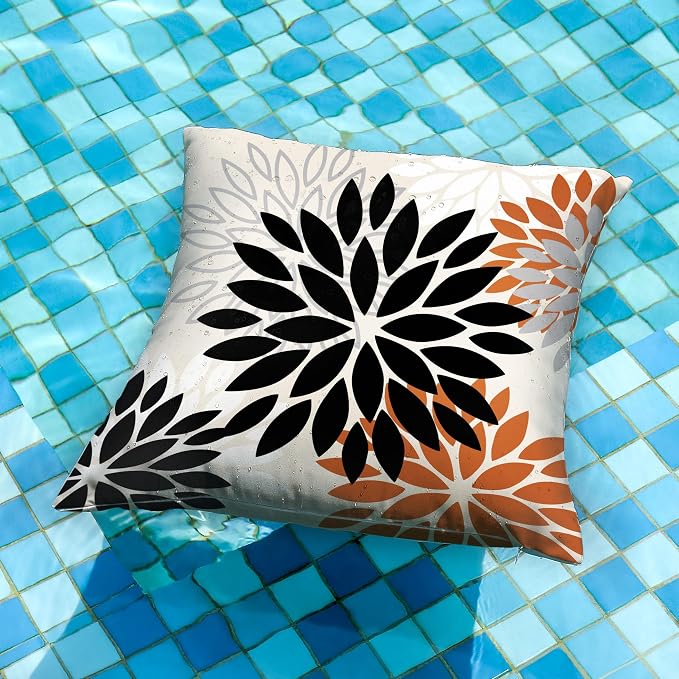 DFXSZ Outdoor Waterproof Pillow Covers 20x20 Set of 2 Black Orange Flower | Spring Summer Waterproof Flower Throw Pillowcases（No Inserts）Outdoor Decor for Fall Patio Funiture Garden Polyester Covers