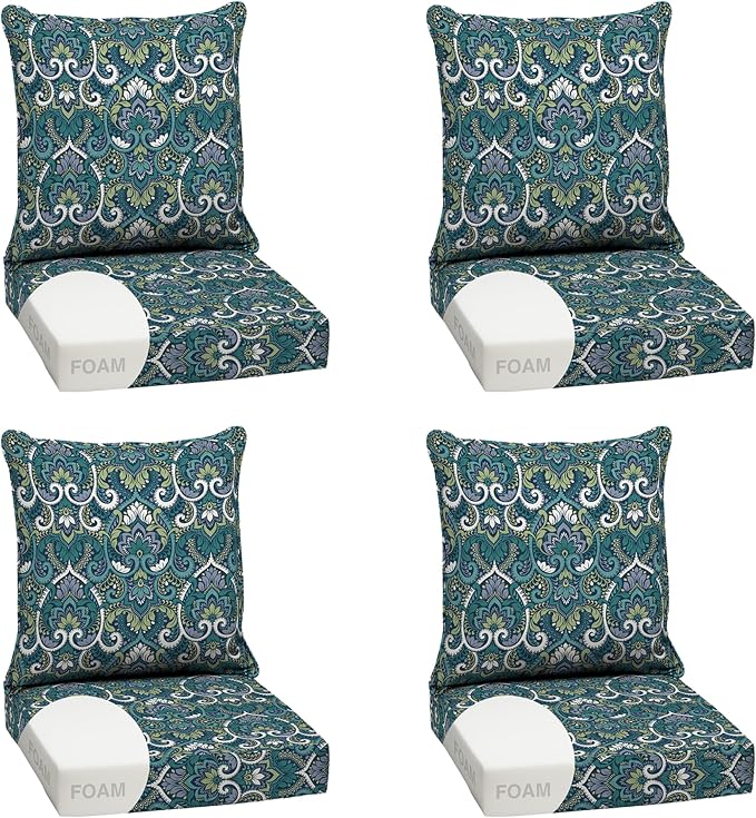 Arden Outdoor Foam Deep Seat Cushion Set, 4-Pack, 24x24, Premium High-Density Foam, Never Flattens, Weather-Proof for Patio Chair Sofa Couch, Sapphire Aurora Blue Damask | Sofa, Couch, Conversation Set, Premium High-Density Foam, Never Flattens, Mold a...
