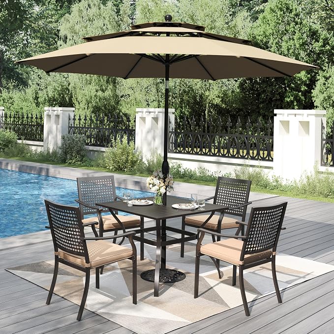PHI VILLA 37 Inch Outdoor Dining Table Metal Steel Slat Square Patio Dining Table with 1.57" Umbrella Hole for Garden, Backyard and Porch (Classic Black)