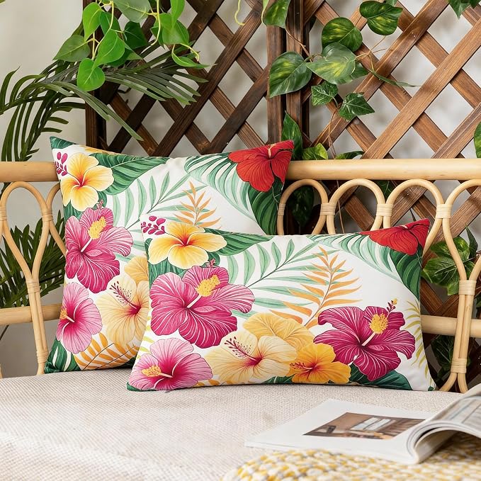Outdoor Pillow Covers 12x20 Inch Set of 2, Tropical Floral Plants Boho Throw Pillows Cases Waterproof Square Garden Cushion Sham for Patio Funiture Tent Balcony Bench Sofa Couch, Yellow Green