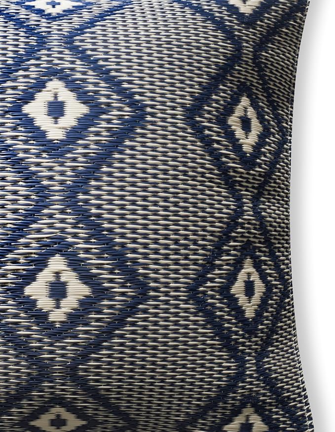 Fab Habitat Outdoor Premium Recycled Plastic Pillow - Waterproof, Fade Resistant - Boho Geometric Diamond - Patio, Porch, Deck, Balcony - Rabat - Blue & Cream - 20" x 20"