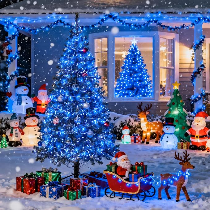 JMEXSUSS 8 Modes 163 FT 500 LED Blue Christmas Lights Outdoor Waterproof | Remote Control Blue String Light Plug in, Clear Wire Christmas String Lights for Tree Yard Patio House Party Decorations