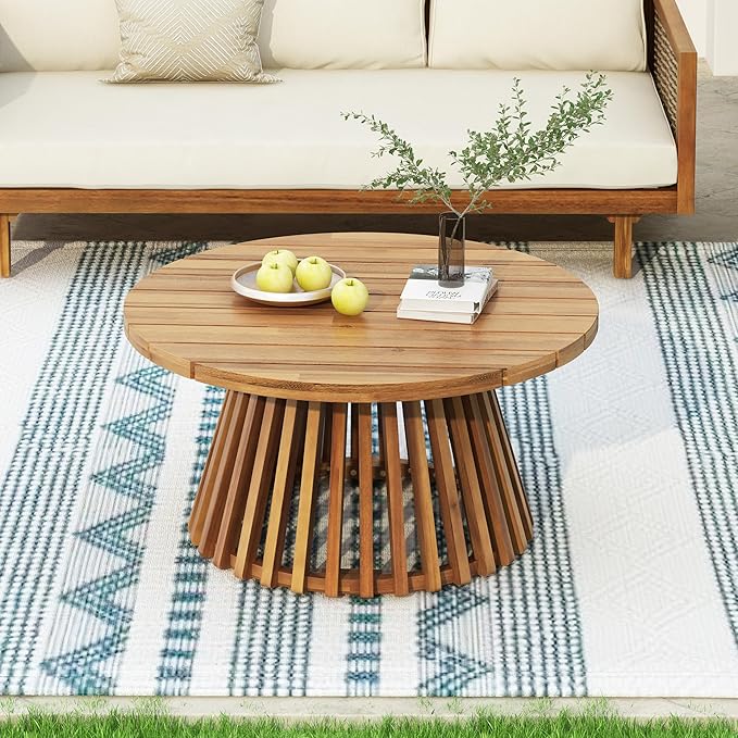 Merax Outdoor Acacia Wood Conversation Set - Patio 3-Seat Loveseat Sofa w/Coushion and Round Coffee Table for Backyard, Lawn, Balcony, Teak+Light Gray
