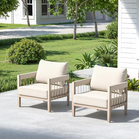 2-Piece Outdoor Sofa Set, Never-Rust Aluminum Patio Armchairs with Hand-Woven Rope & Thick Cushions, Faux Wood Grain Finish Balcony Outdoor Sofa Chairs for Garden, Deck, Porch
