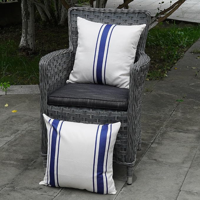 ONWAY Outdoor Pillow Covers Waterproof 18x18 Set of 2 Decorative Linen Throw Pillow Cover Beige and Navy Blue Striped Outdoor Pillows for Patio Furniture