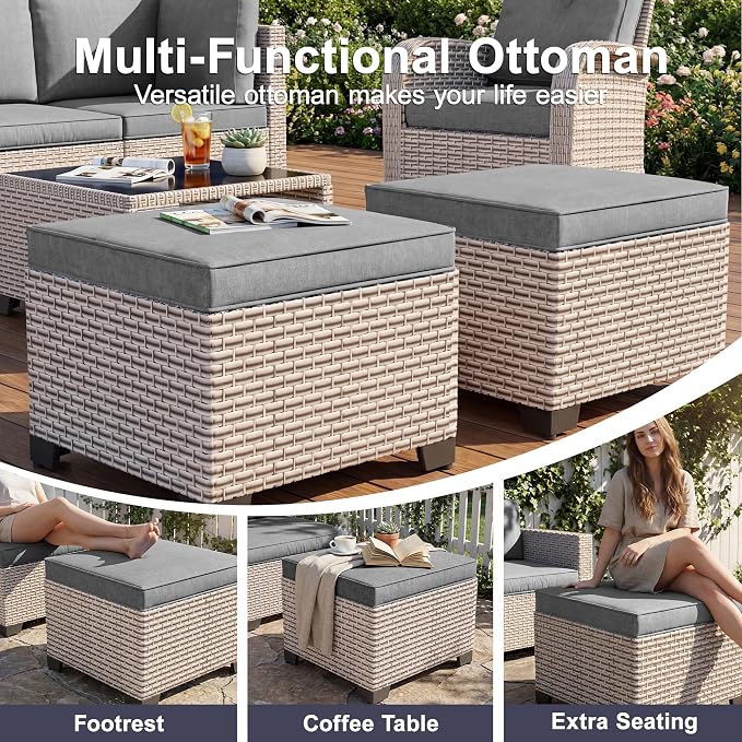Patio Furniture Set, 9-Piece Outdoor Sectional Sofa with Ottomans & 2-Layer Glass Coffee Table, Wicker Patio Conversation Set with Gray Cushions for Poolside