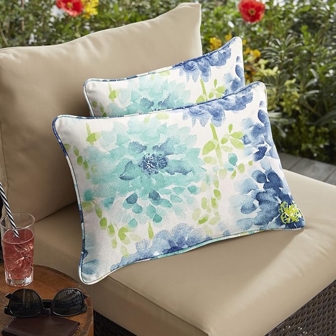 Sorra Home Gardenia Seaglass Outdoor/Indoor Corded Pillow Set of Two 24in x 12in x 6in