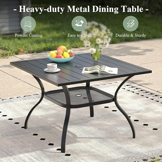 Patio Dining Set for 4, 37.8" Outdoor Dining Table and Chairs Set with Stackable Patio Chairs Outdoor Furniture for Garden Deck Backyard, Black Table and Black Chairs
