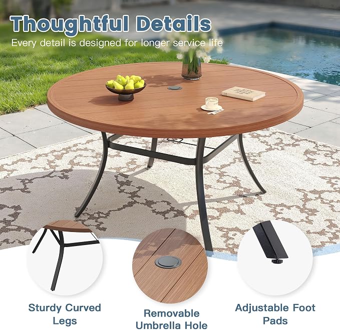 DIFY 9 Piece Outdoor Dining Set, 53" Walnut Round Metal Patio Table and Brown Textilene Stackable Chairs for 8, All Weather Patio Furniture Set with Umbrella Hole for Backyard Garden Deck