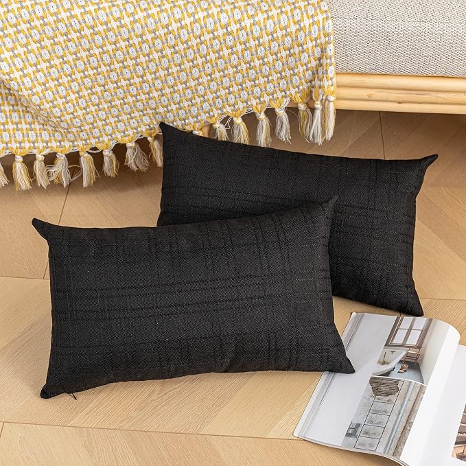Kevin Textile Outdoor Waterproof 12”x20” Lumbar Pillow Covers 2 Pack, Black | Water Resistant, Soft Faux Linen-cotton Yarn-dyed Woven Texture Throw Pillow Covers for Tent Patio Garden Couch Sofa