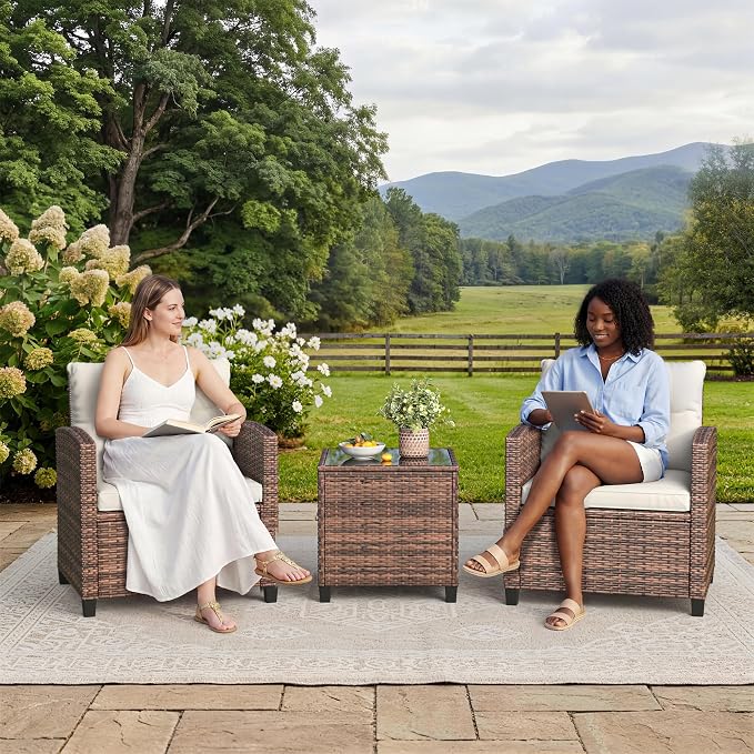 3-Piece Patio Furniture Set, PE Rattan Wicker Outdoor Sofa Set with Washable Cushions & Tempered Glass Tabletop, Conversation Set for Garden, Poolside, Balcony (Brown Wicker & Beige Cushions)
