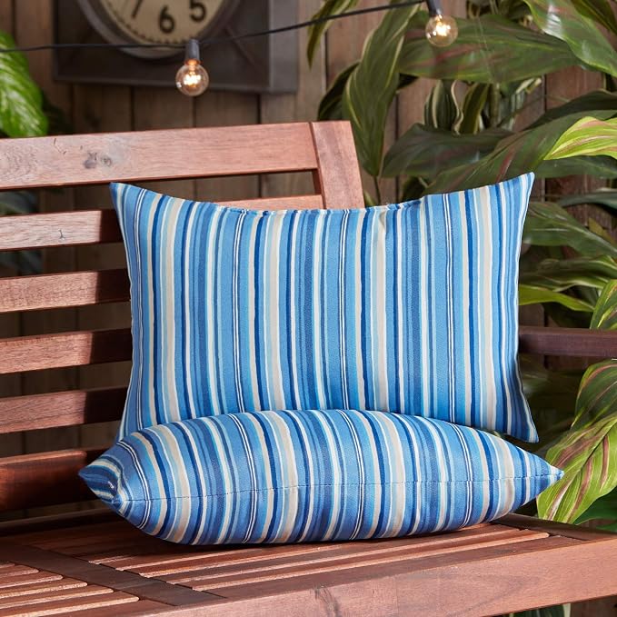 South Pine Porch Outdoor 19x12-inch Rectangle Accent Pillow, Set of 2, Sapphire Stripe 2 Count