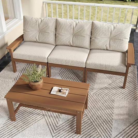 2-Piece Teak Patio Conversation Set, HDPE 3-Seat Sofa with Coffee Table, Teak Frame with Thick Beige Cushions, Outdoor Couch for Balcony