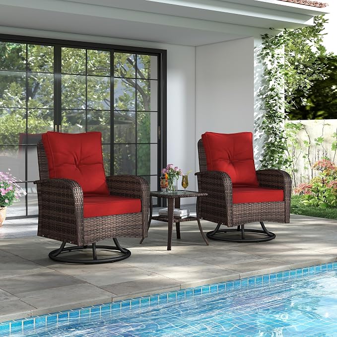 Kromax Outdoor Patio Furniture Set, All-Weather Wicker Swivel Glider Chairs Set of 2 with Coffee Table Table & Thick Machine Washable Cushions for Backyard, Garden, Porch, Brown/Red