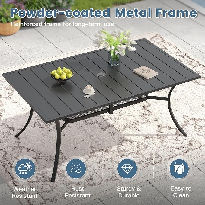 DIFY 7 Piece Outdoor Dining Set, 59.2" Black Rectangle Metal Patio Table and Brown Textilene Stackable Chairs for 6, All Weather Patio Furniture Set with Umbrella Hole for Backyard Garden Deck