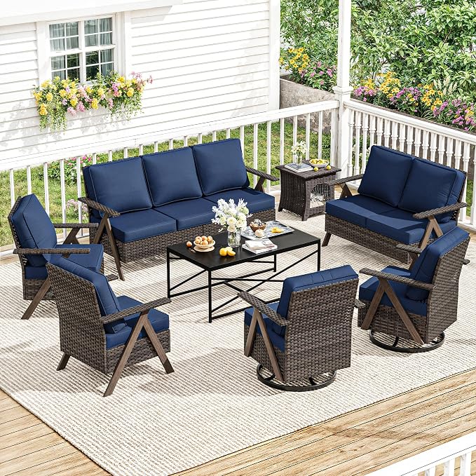 8 Pieces Patio Furniture Set,Outdoor Loveseat Sofa & High Back Swivel Rocker Patio Chairs, Wicker Conversation Set with Coffee Table and Side Table for Deck Yard and Poolside