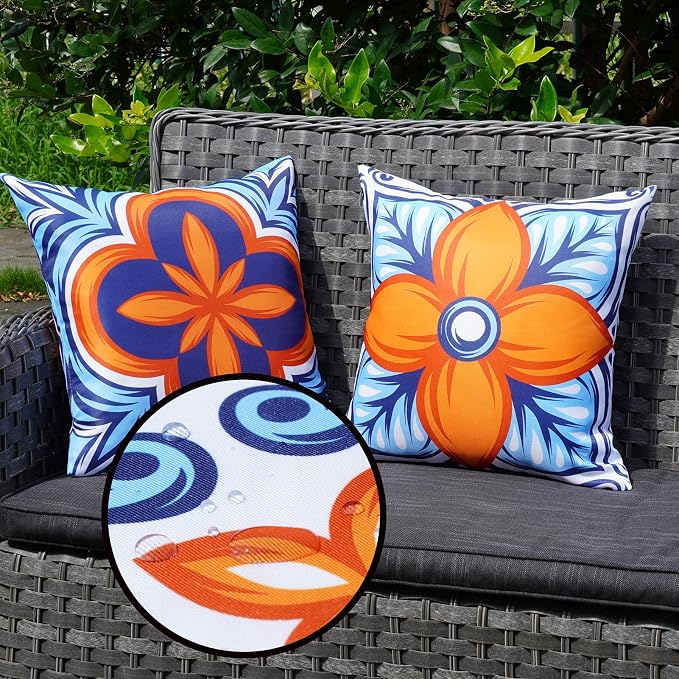 ONWAY Outdoor Pillow Covers Waterproof Set of 4 Floral Boho Decorative Throw Cushion Cover Farmhouse Pillows for Bench, Couch, Sunbrella and Patio Furniture (BlueOrange, 18x18 Inch)