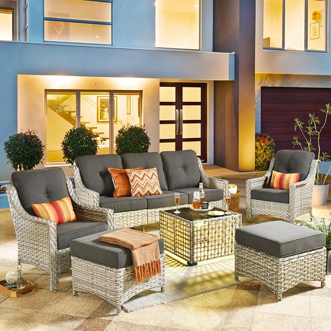 HOOOWOOO 6 Piece Patio Furniture Conversation Sets with Sola Light Table,Outdoor Wicker Furniture with Ottoman, All Weather Resistant Outside High Back Rattan Patio Set(Black)
