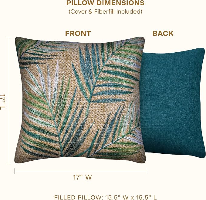 Honeycomb Outdoor Square Toss Pillows for Patio Furniture, 17 x 17, 2-Pack | Raffia Palm Green Throw Pillows, Water & Fade Resistant for Patio Furniture Set, 2-Pack
