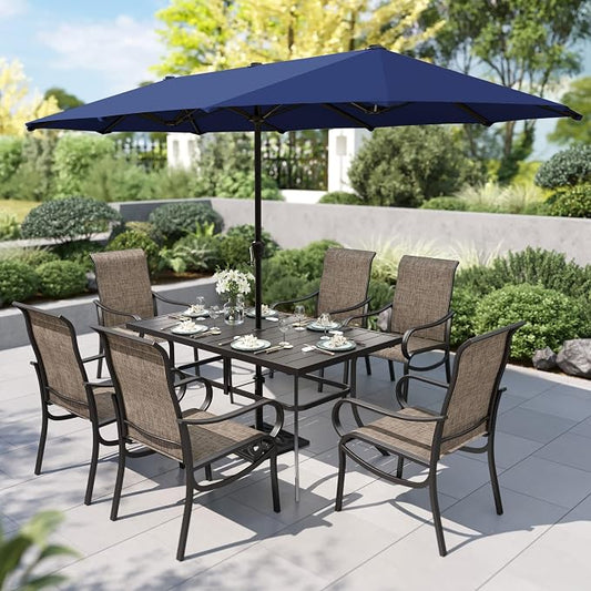 PHI VILLA 8 Pcs Outdoor Dining Set with 13ft Umbrella, Mesh Patio Chairs | 59'' rectangular metal table, 6 textilene chairs and 13ft navy blue umbrella(NO BASE), all-weather for deck, garden, backyard