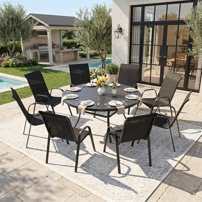 DIFY 9 Piece Outdoor Dining Set, 53" Black Round Metal Patio Table and Dark Grey Textilene Stackable Chairs for 8, All Weather Patio Furniture Set with Umbrella Hole for Backyard Garden Deck