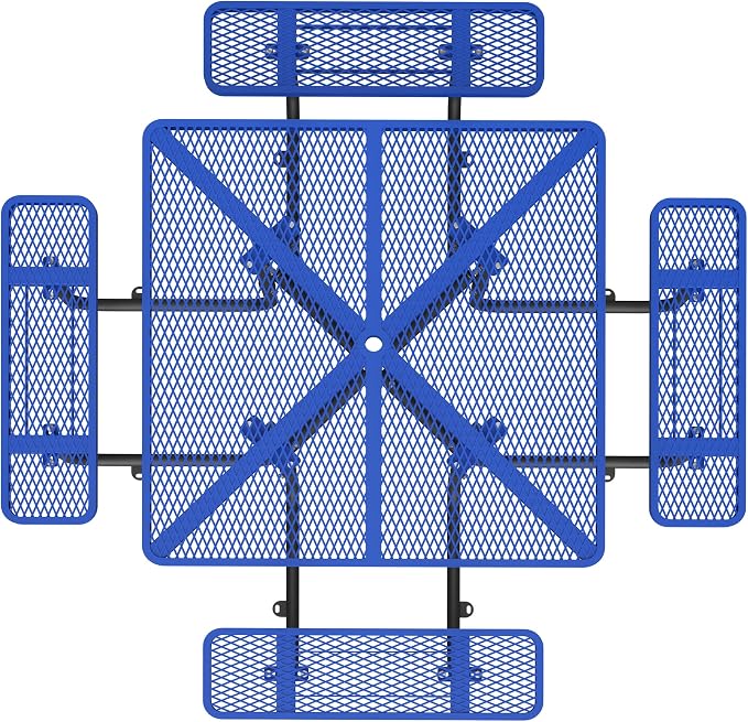 46'' Square Metal Picnic Table with 1.73" Umbrella Hole, Heavy-Duty Commercial Grade Steel Table Set, Rust Resistant Mesh Tabletop, Smooth Round Corner Design for Patio, Garden, Park & BBQ, Blue